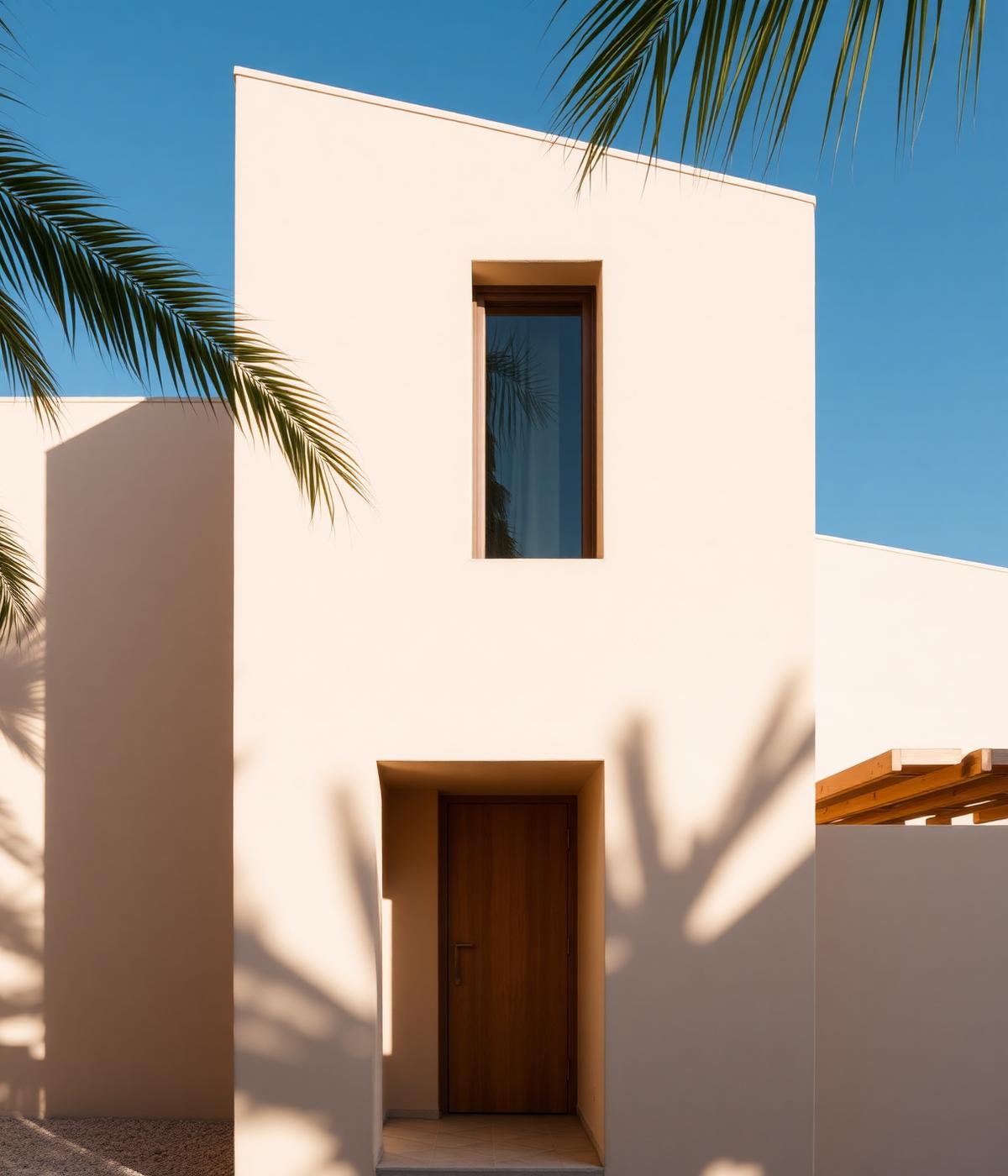 Fachada minimalista com revestimento natural em tom areia