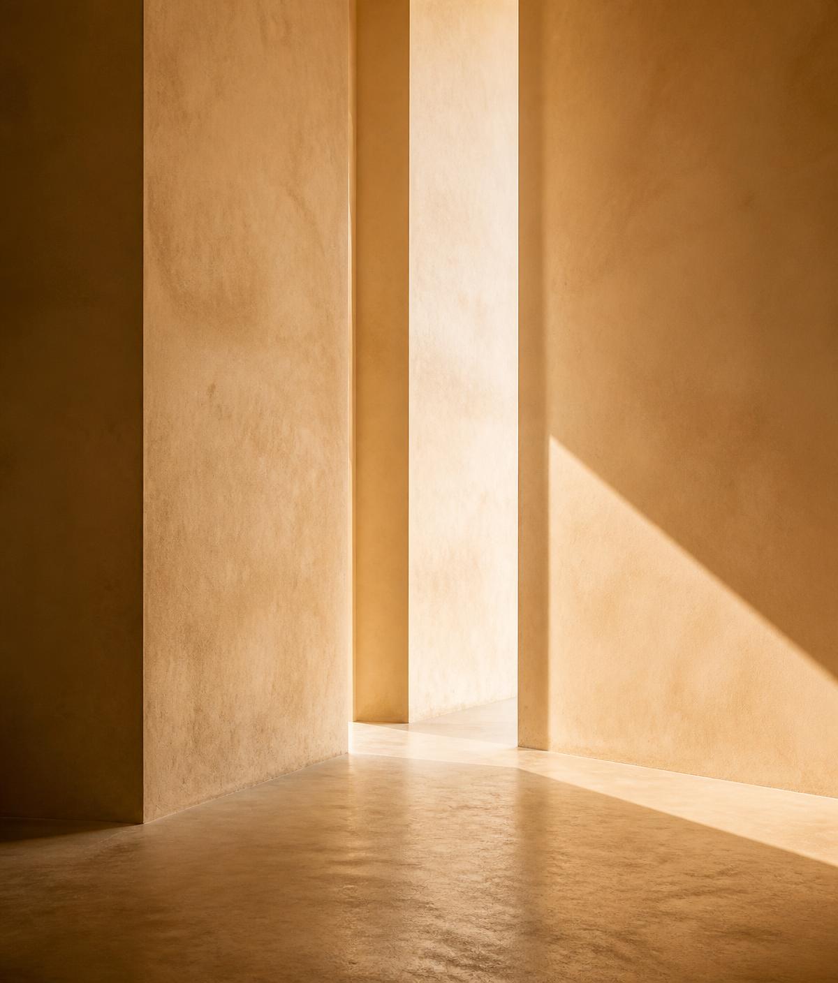 Piso contínuo com acabamento natural e luz diagonal