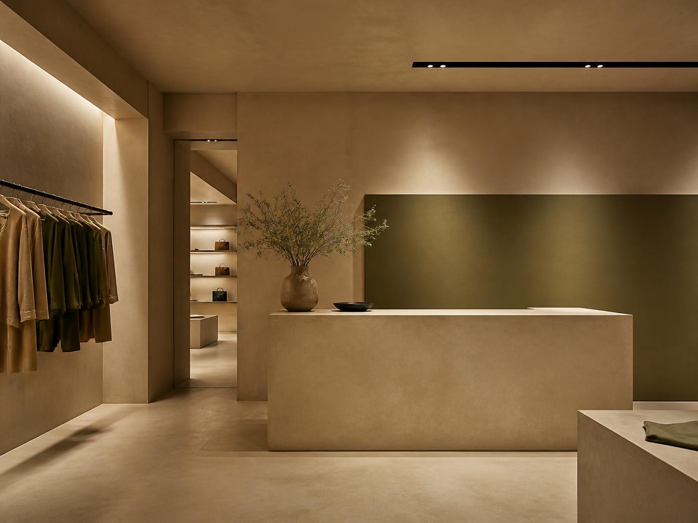 Loja minimalista com bancada e paredes em acabamento natural