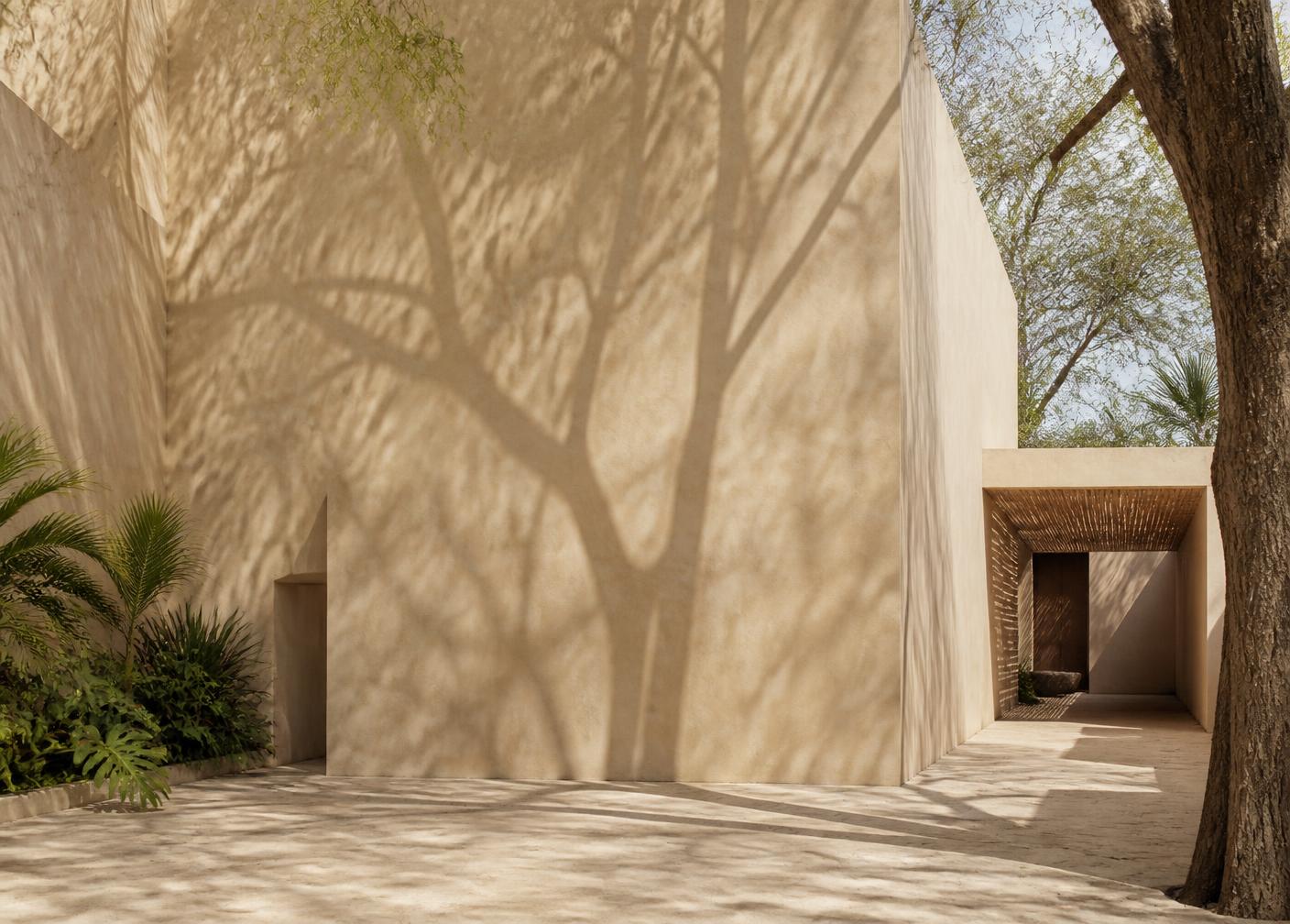 Arquitetura contemporânea mexicana com paredes de textura natural